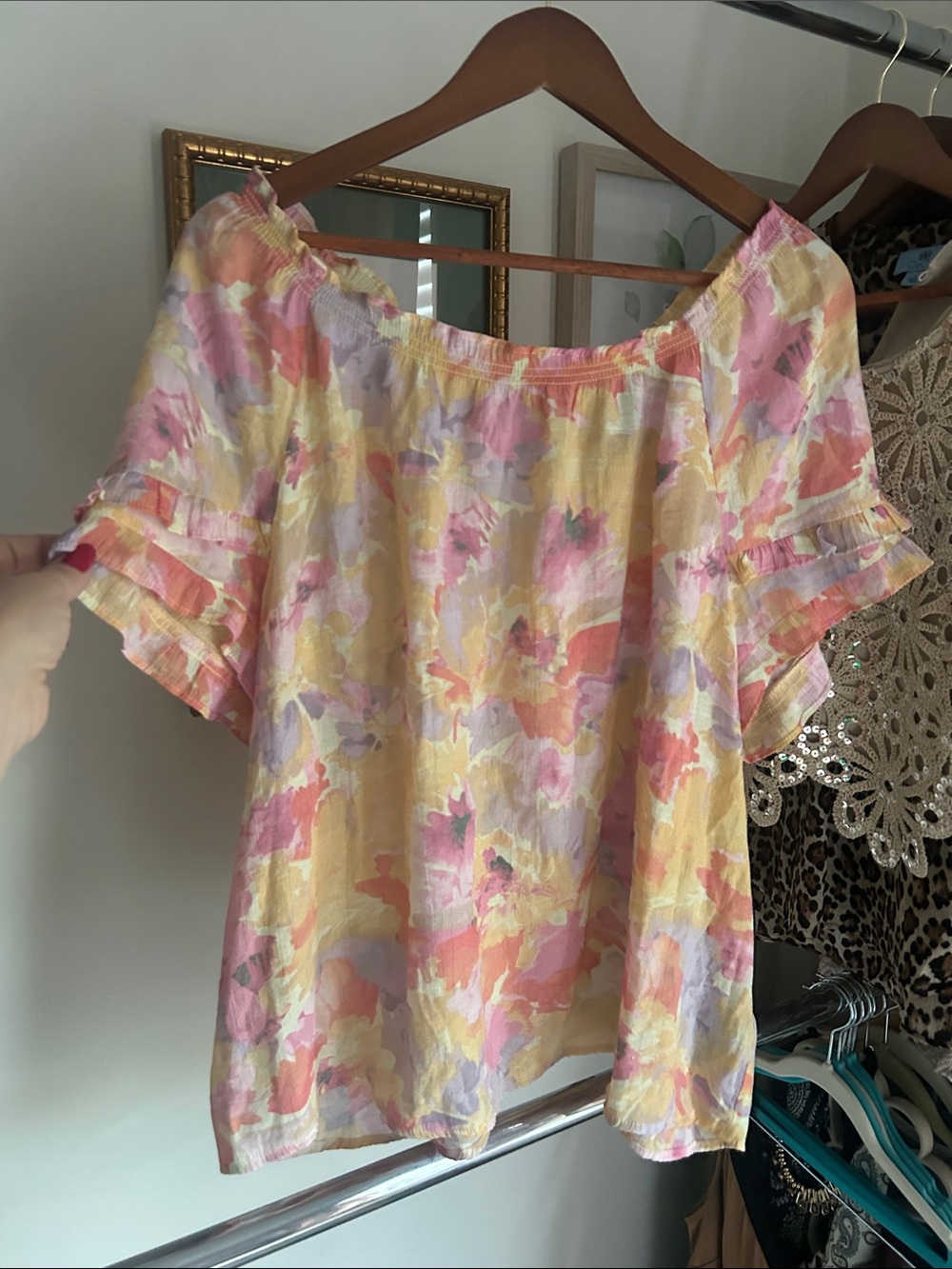 Scoop neck Off-Shoulder Watercolor Floral Top in Yellow and Pink